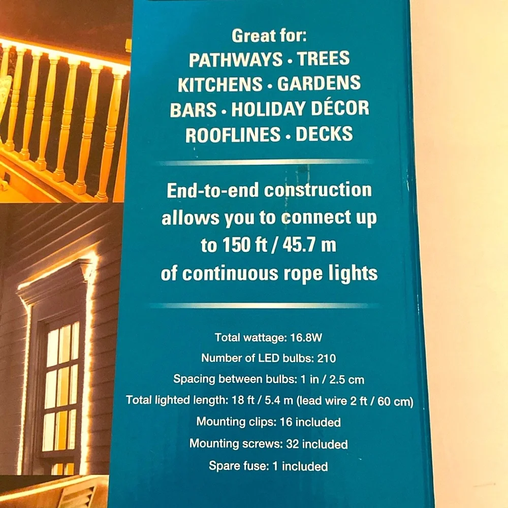 NIB LED rope lights 18 foot pathways, trees. Holiday, roofline decks
